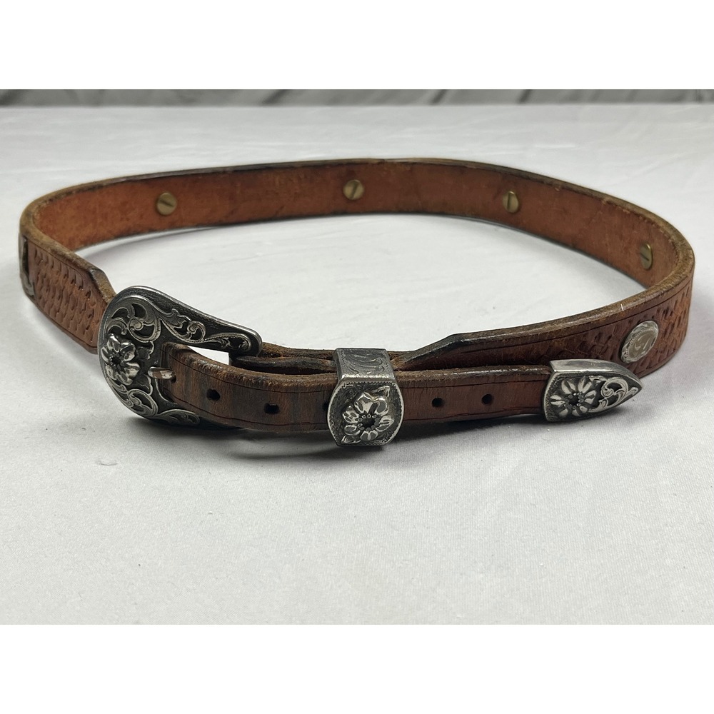 Vintage 1997 Brown Leather Western Basketweave Belt Silver Floral Buckle QL 36"